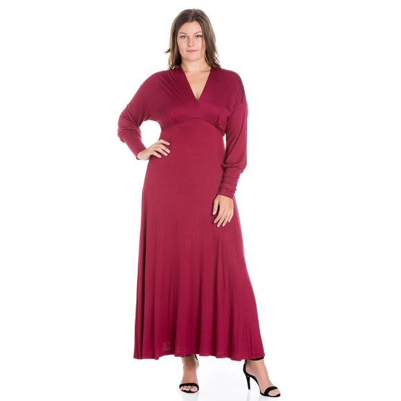 24seven Comfort Apparel Women's Plus Wine V-Neck Long Sleeve Maxi Dress - 1X - Picture 1 of 7